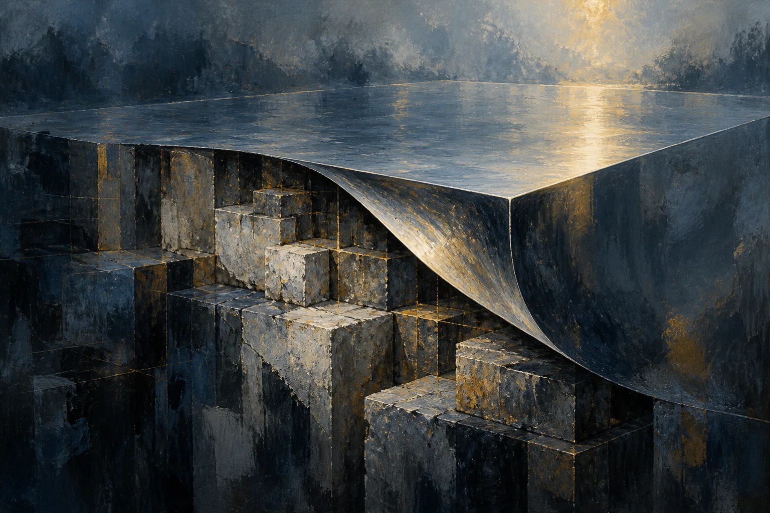 A smooth reflective sheet lifts at one corner to reveal an uneven structure of blocks beneath it.