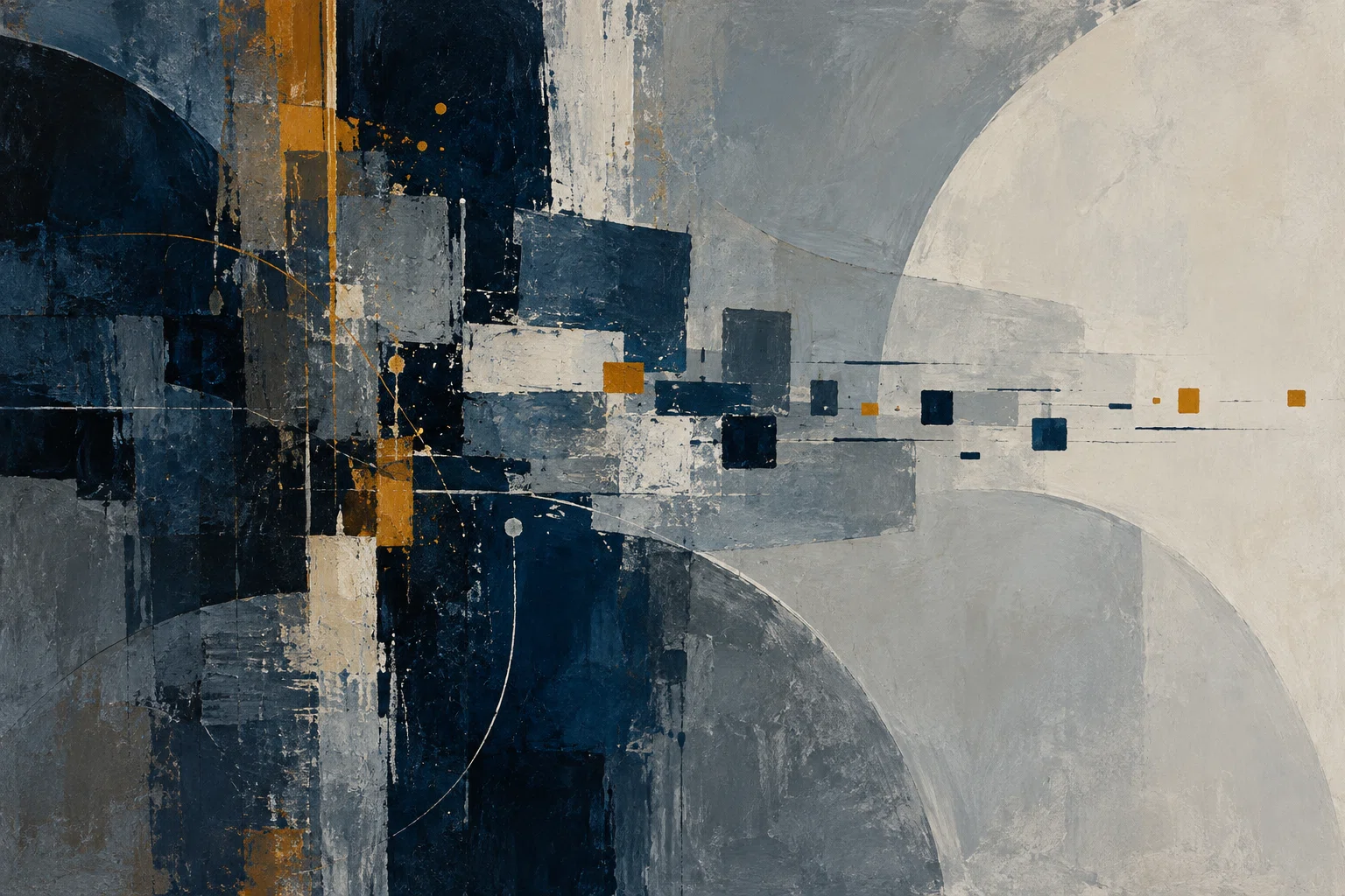 Dense painted blocks taper into smaller, widely spaced fragments across an open pale field.
