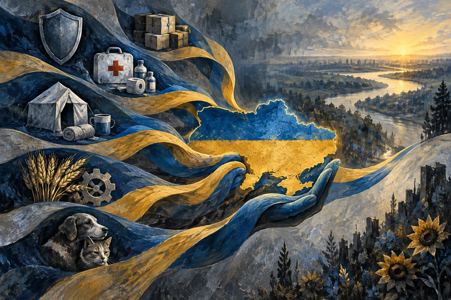 Blue and gold ribbons connect defence, medical, shelter, livelihood and animal-aid symbols to a supported outline of Ukraine.