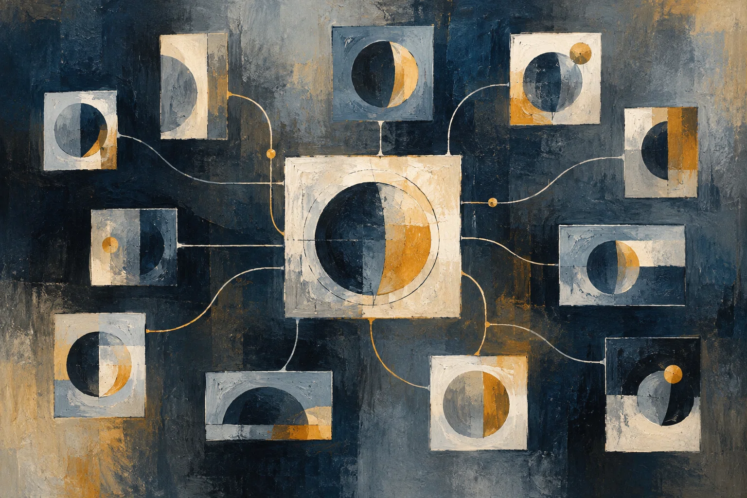 One central painted circle connects to multiple panels that vary its colours, proportions and layout.