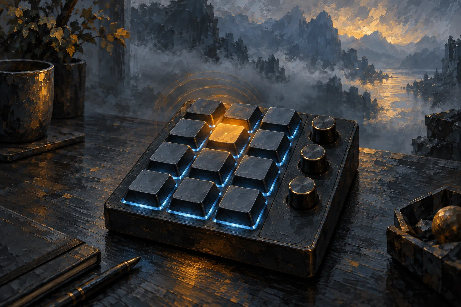 A small macro pad with twelve blue-lit keys and three knobs sits on a dark desk, one key glowing amber.