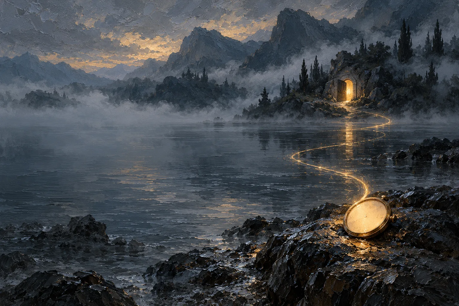 A glowing amber watch dial on wet rocks at dusk, a thin ribbon of light crossing misty water to a half-open lit doorway.