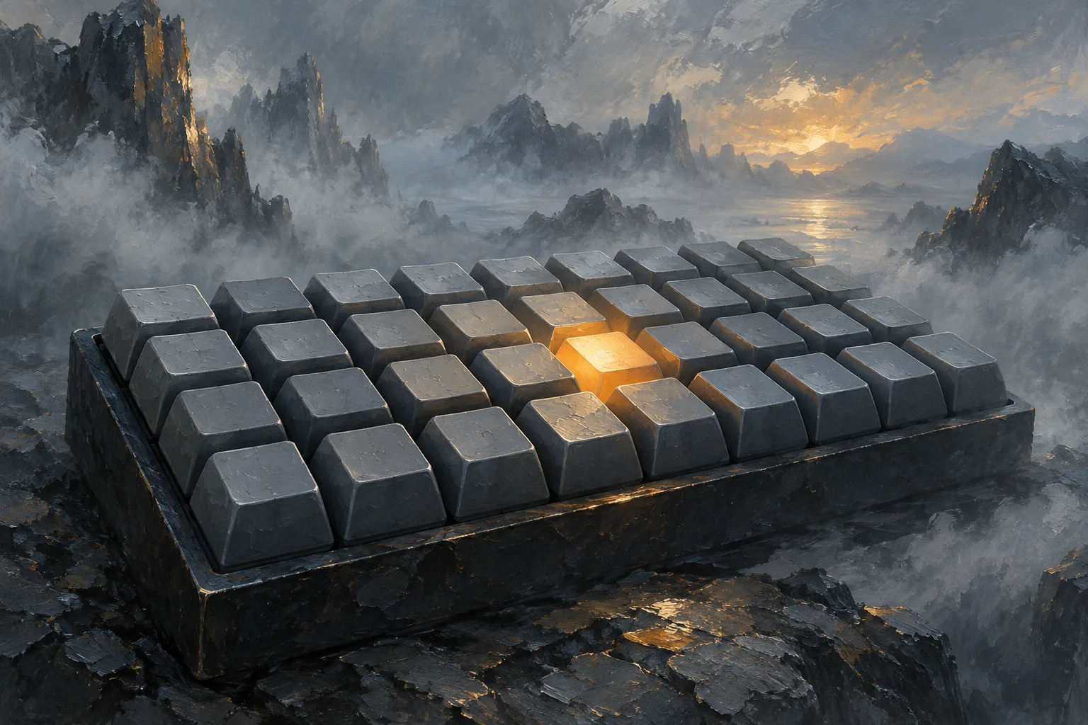 A straight grid of large blank keycaps recedes into fog, with one key glowing amber in the middle.