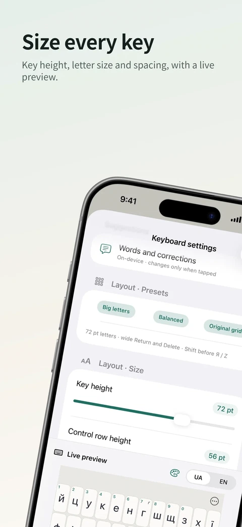 Keyboard settings with presets and sliders for key height, control row height and spacing