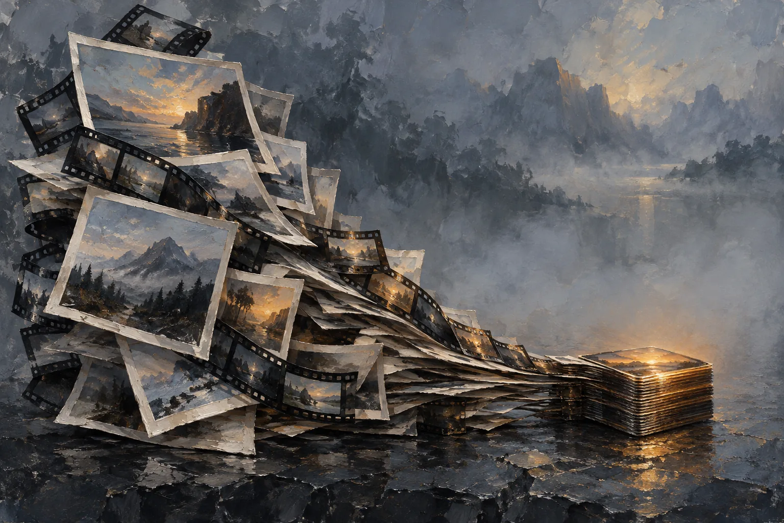 A loose stack of photo prints and film strips flows into a small, neat block that glows amber.