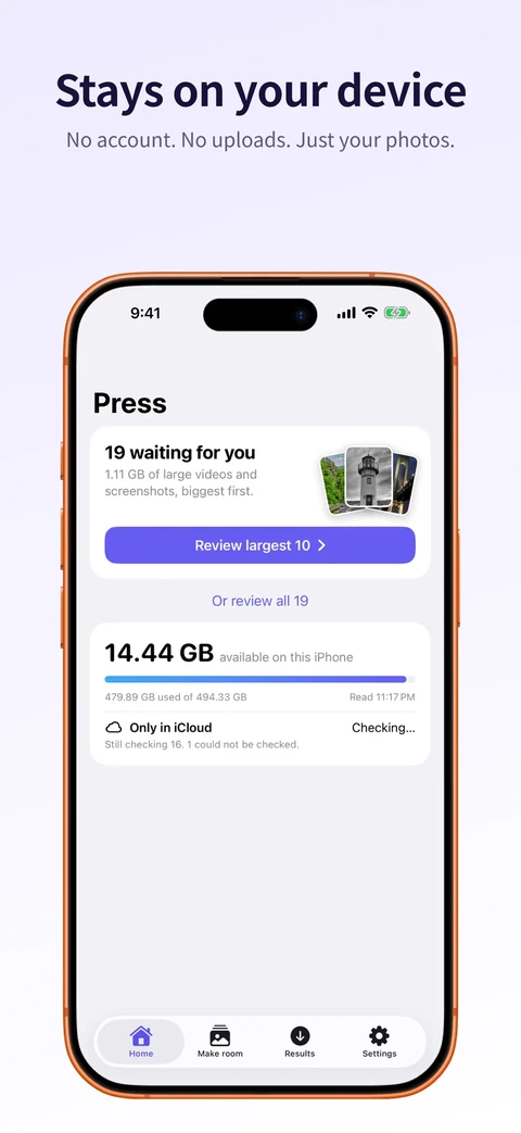 The home screen with 19 items waiting for review and free storage on the iPhone