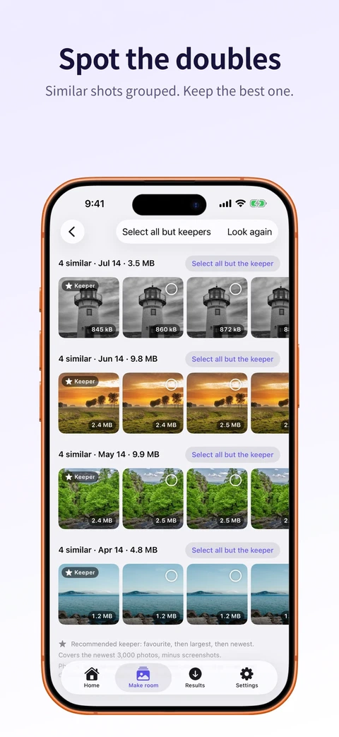 Groups of similar photos with a suggested keeper in each group