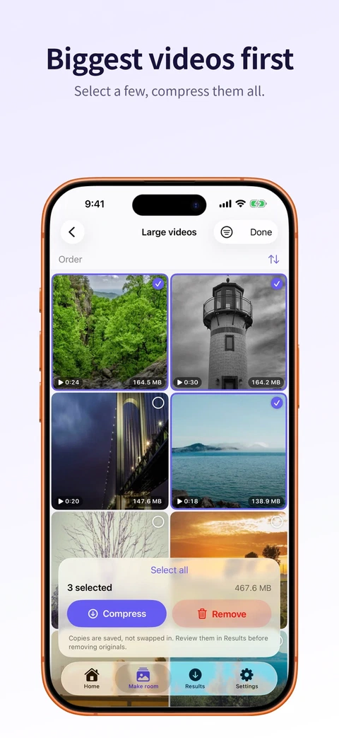 Large videos with three selected and separate Compress and Remove buttons