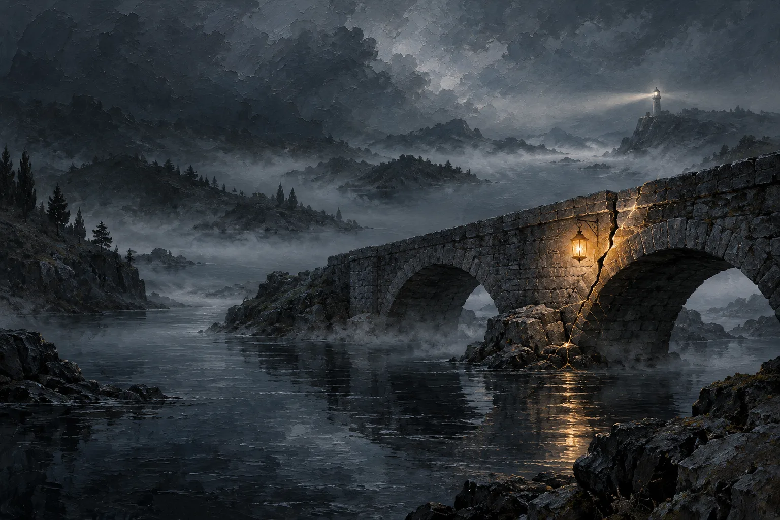 A stone bridge over a misty night river, its cracked span glowing with amber threads beside a lantern, a lighthouse beam in the far fog.