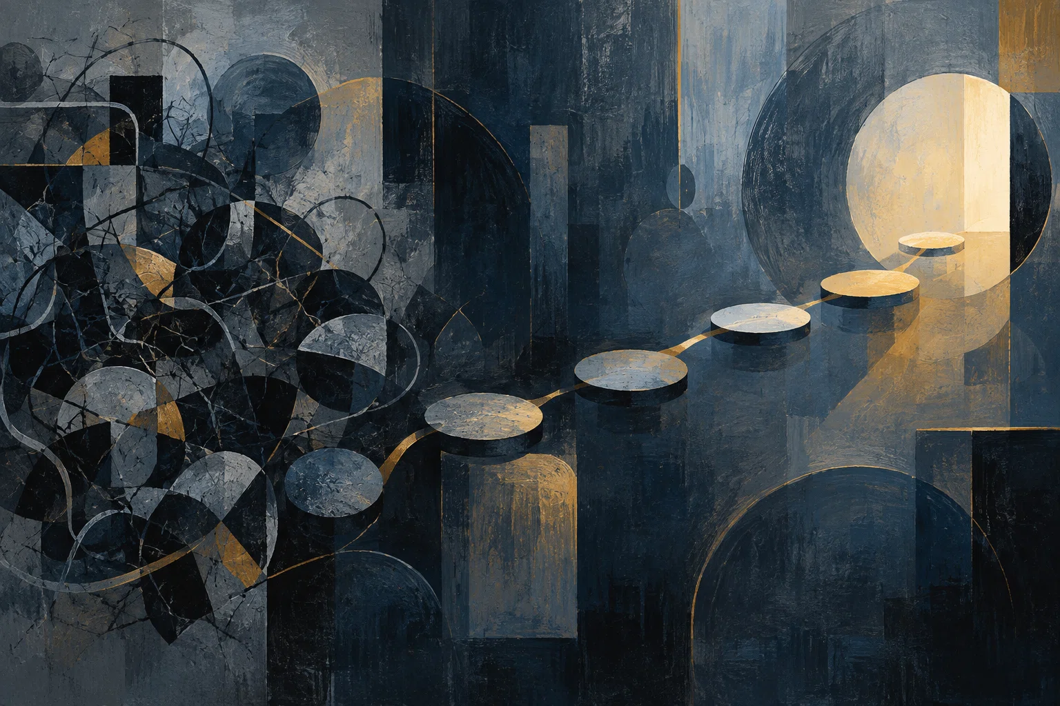 A path of rounded stepping forms emerges from tangled dark shapes toward a clear warm opening.