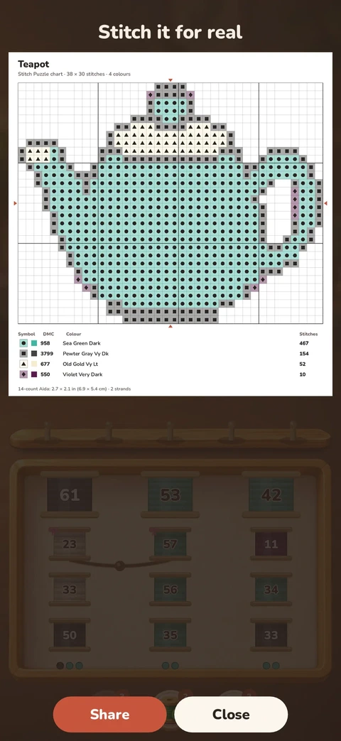 A printable cross-stitch chart of a teapot with a symbol grid and a DMC thread key