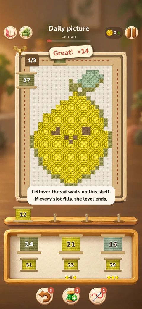 The daily picture, a lemon, with a tip that leftover thread waits on the shelf