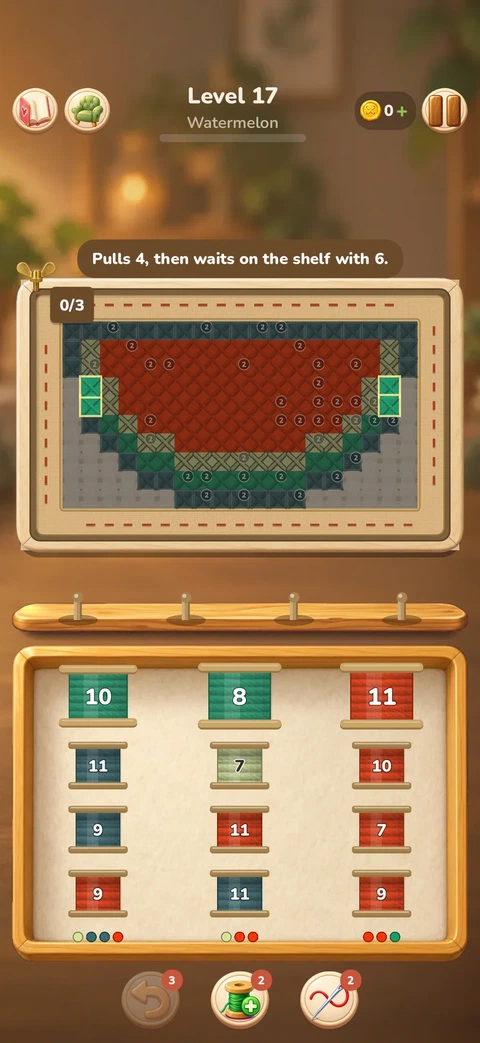 Level 17, a watermelon, with a hint that the held spool pulls four stitches and then waits on the shelf