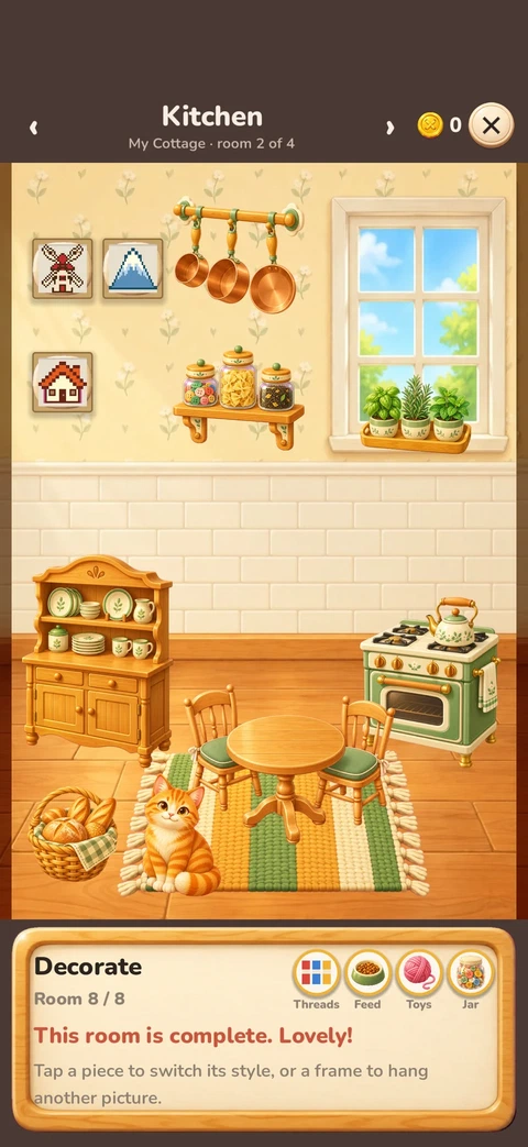 The cottage kitchen with a dresser, a stove, a table and the cat