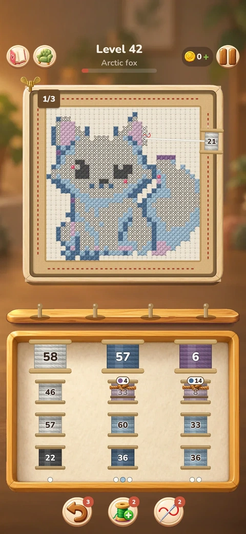Level 42, an arctic fox in stitches, with numbered thread spools on the shelf and in the hoop below