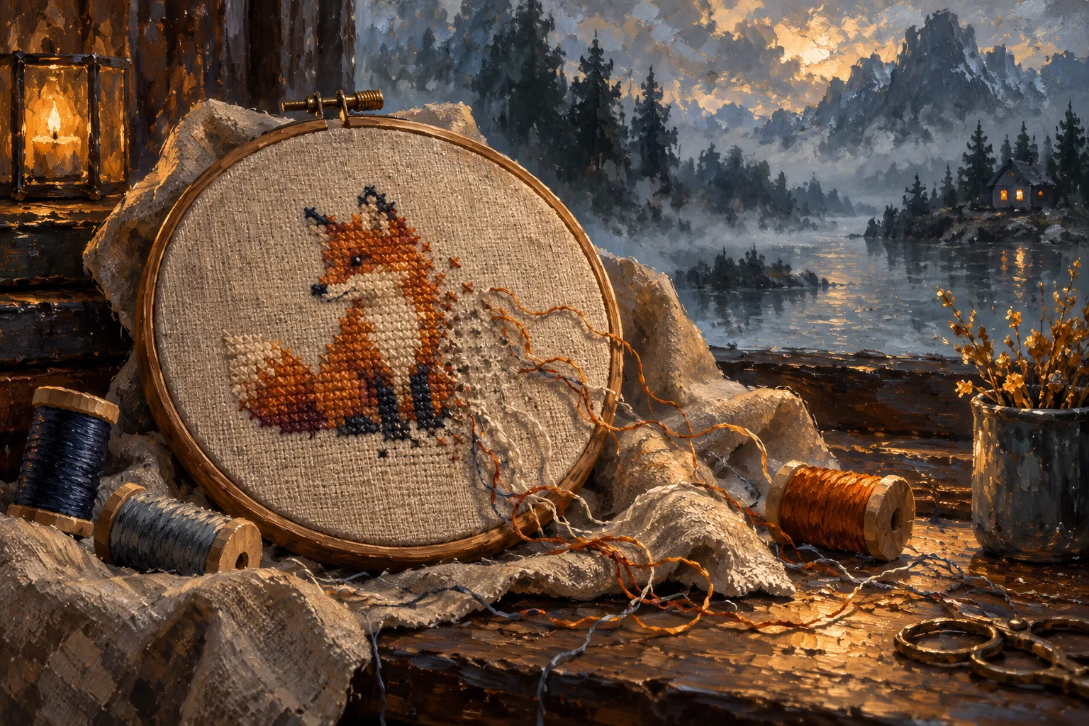 An embroidery hoop holds a half-unpicked cross-stitch fox, with thread spools and loose amber thread around it.