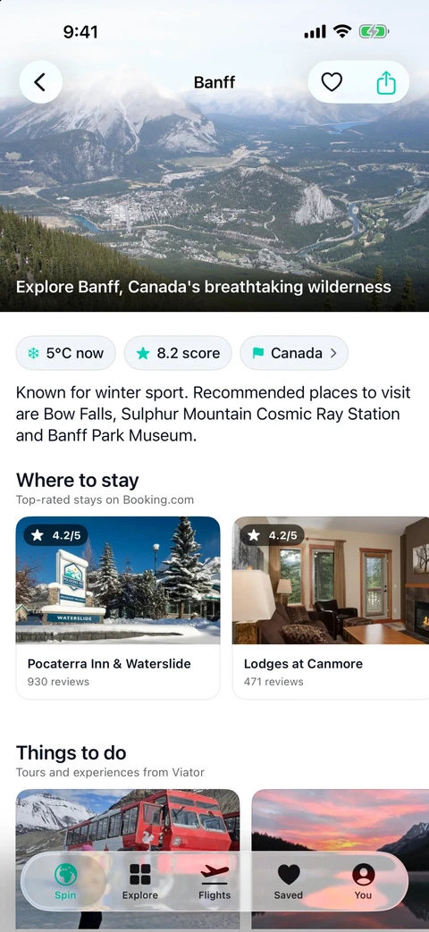 A destination page for Banff with temperature, rating, places to stay and things to do