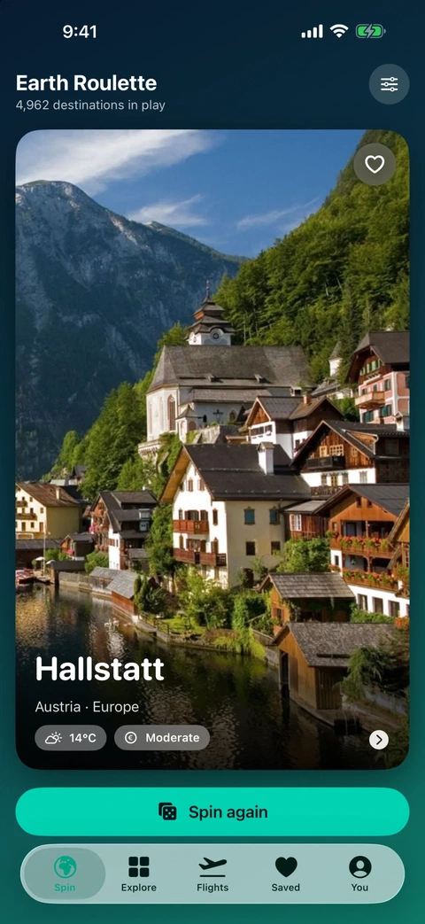 The spin screen showing Hallstatt, Austria with temperature and cost, and a Spin again button