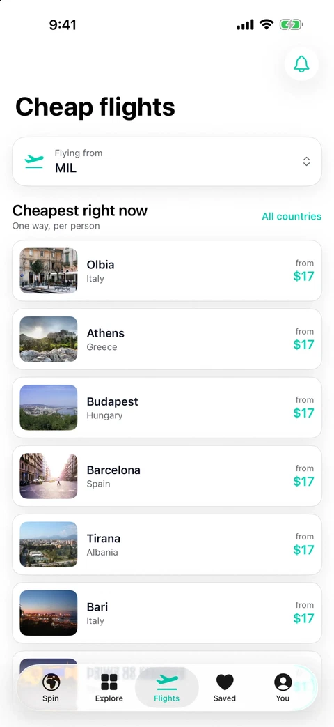 The flights screen listing fares from Milan to several destinations