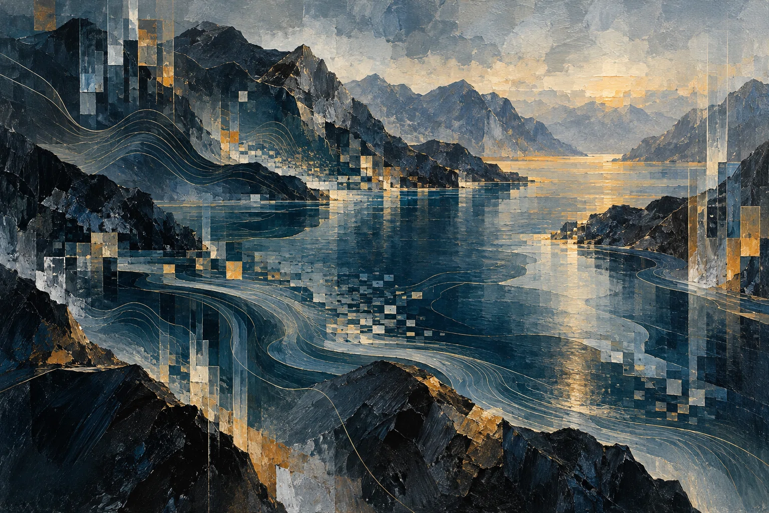 A mountainous bay breaks into painted pixel-like fragments and fine flowing contour lines.