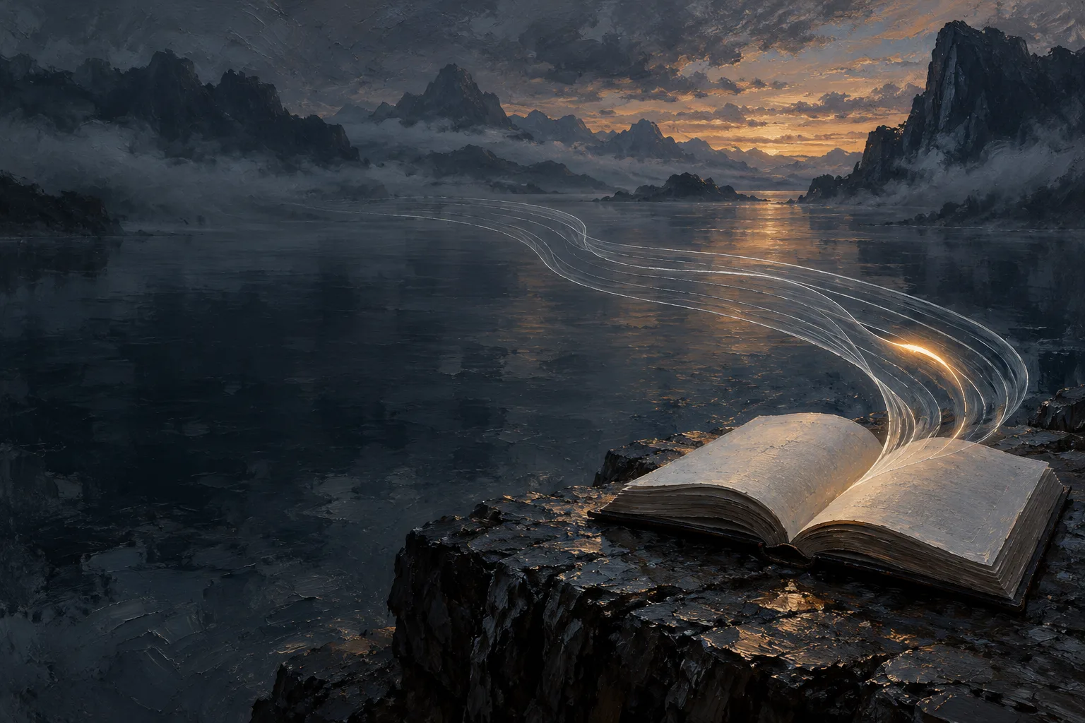 An open book on a dark rock by still water, with silver ribbons rising from its pages and one small segment glowing amber.