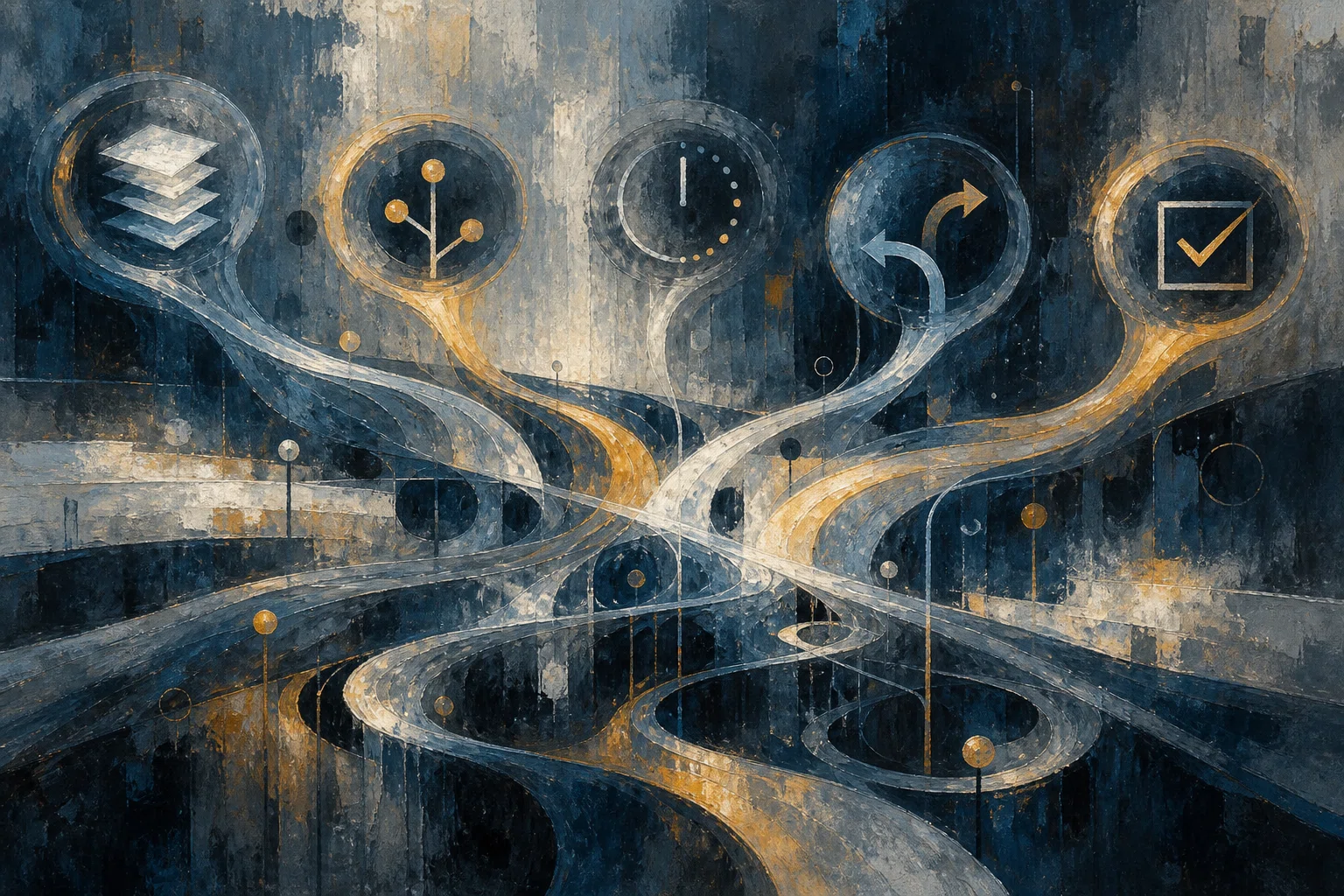 Interwoven painted paths connect symbols for reading, decisions, waiting, redirection and approval.