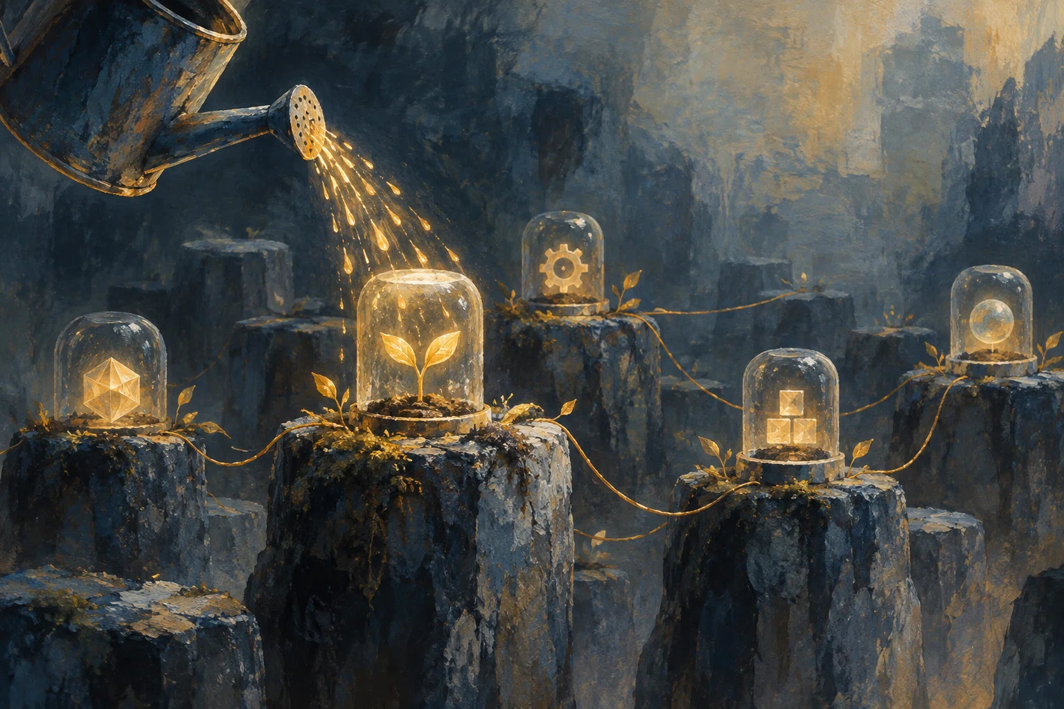 Small illuminated forms in glass domes remain connected by fine gold lines as a watering can tends a central sprout.