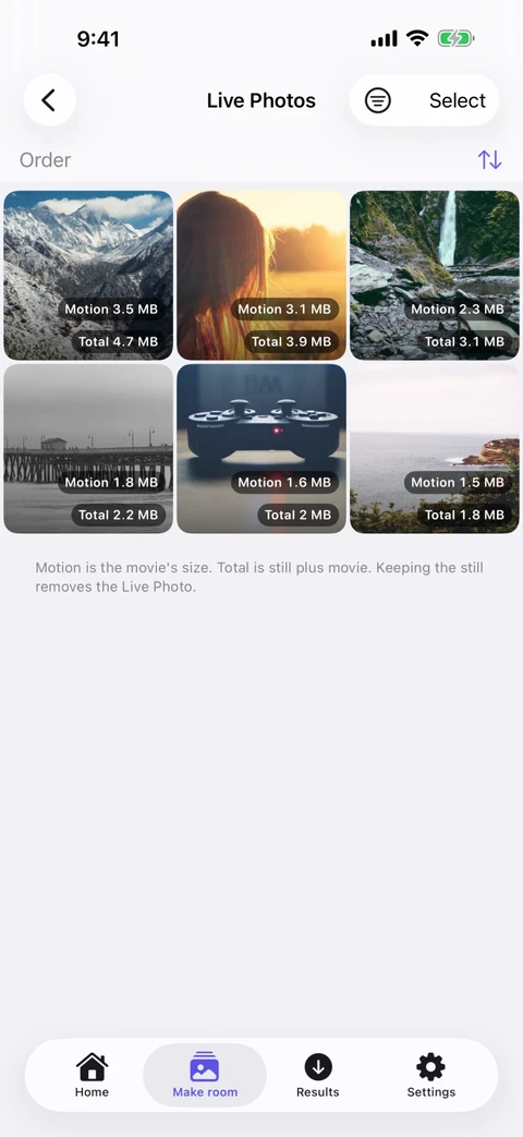 Live Photos in Press with the size of the motion part shown on each thumbnail