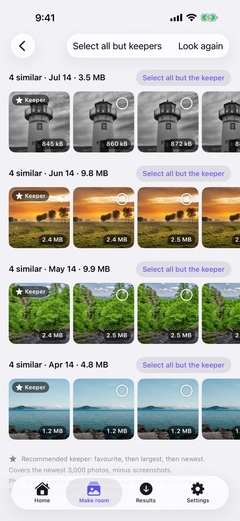 Similar photo groups in Press, each showing a suggested keeper and the photos available to review