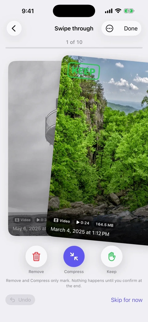 Swipe review in Press, showing a video and separate remove, compress and keep controls
