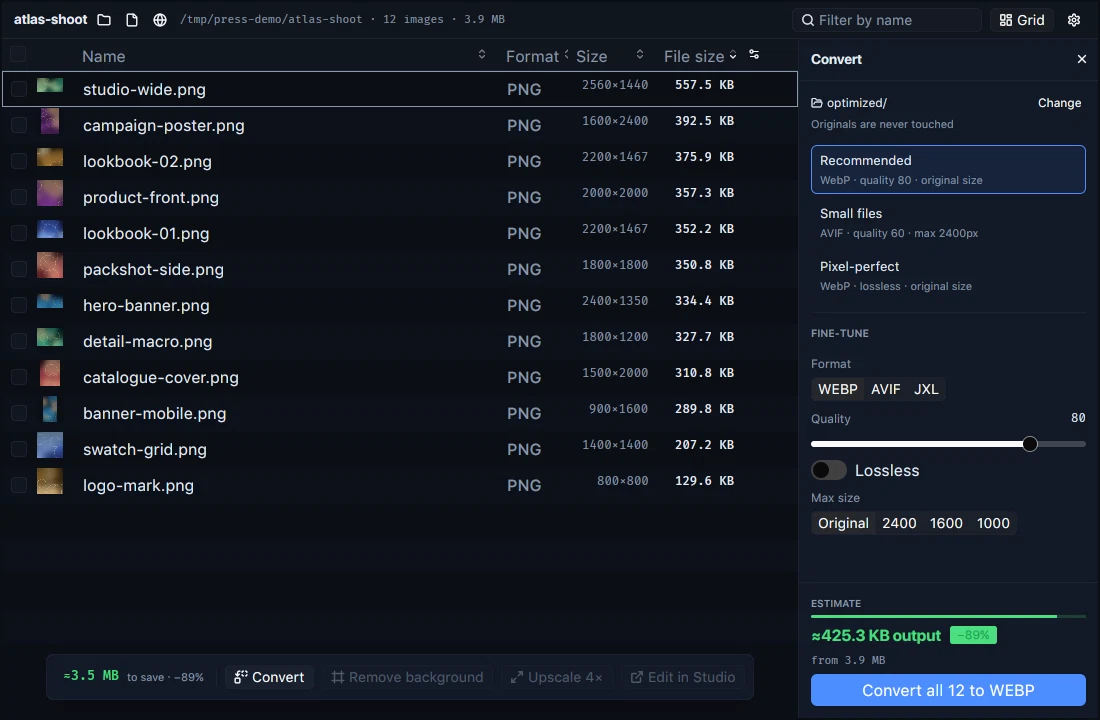 Press auditing a folder of twelve images beside its conversion settings, captured in August 2026