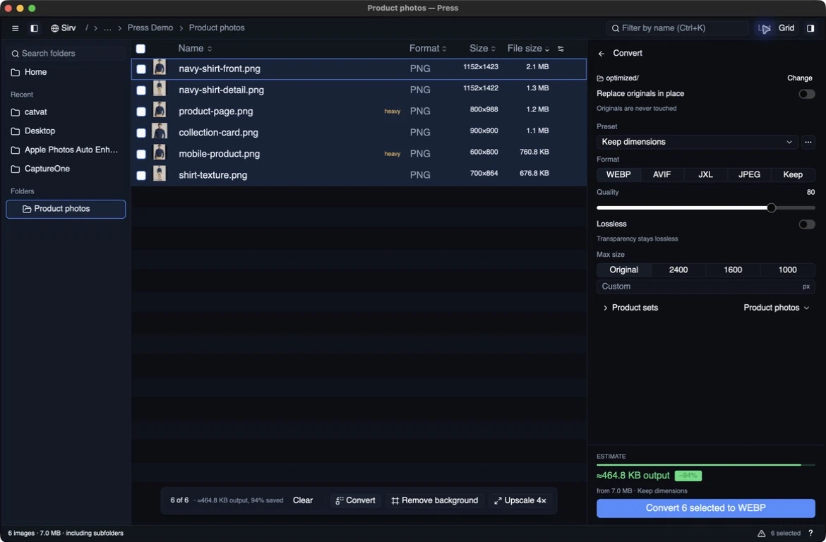 Press 0.6.6 listing six product-photo exports beside the folder sidebar and conversion settings, captured on September 8, 2026