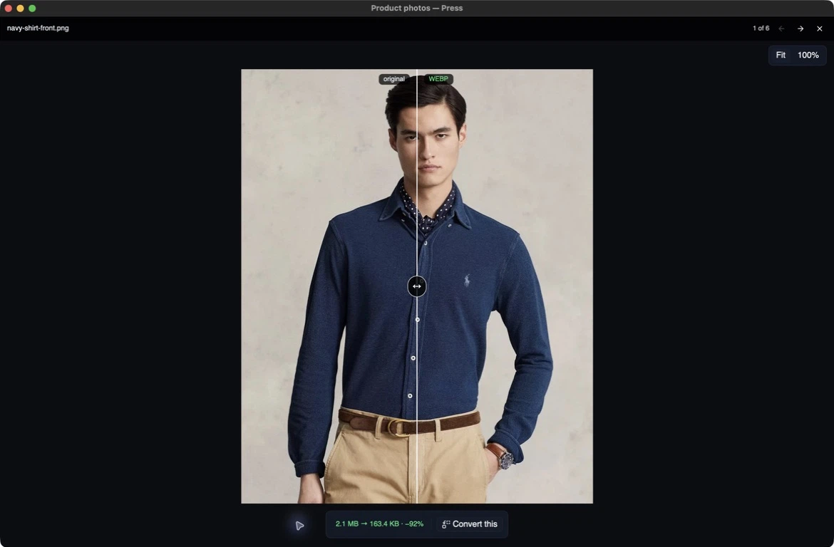 Press 0.6.6 showing a product photo and its WebP preview with a draggable comparison divider