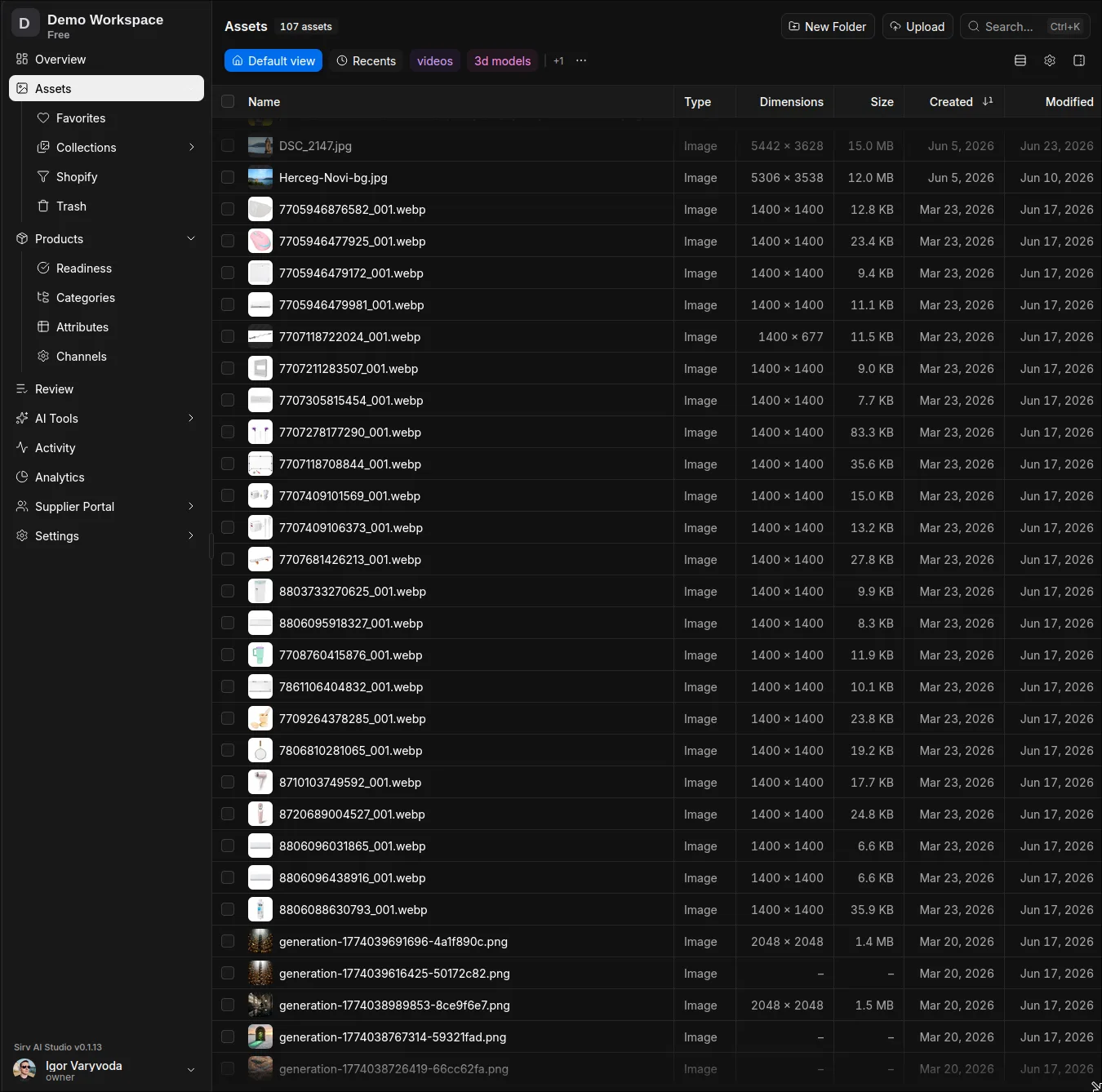 Sirv AI Studio asset grid rendering hundreds of assets in a virtualized table