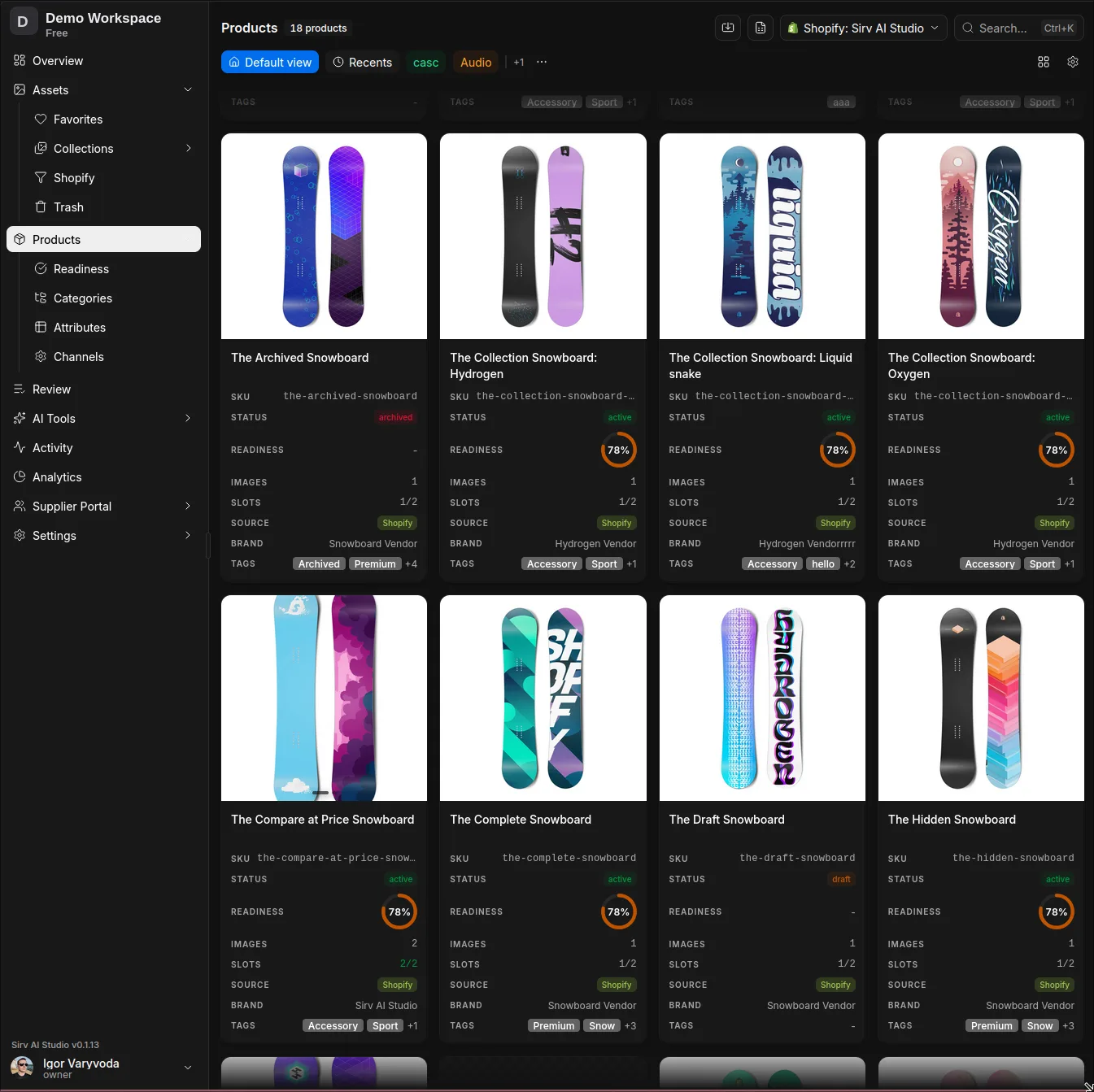 Sirv AI Studio products view with per-product readiness scores