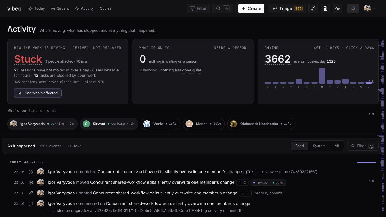 VibeQ Activity view showing work health, human and agent presence, and a chronological ledger of task, branch and commit events