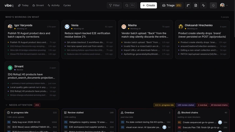 VibeQ overview showing active work, attention signals, and human-agent activity