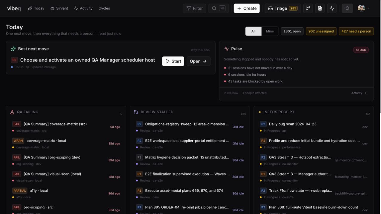 VibeQ Today view showing the best next move, the live pulse, failing QA, stalled reviews and work that still needs evidence